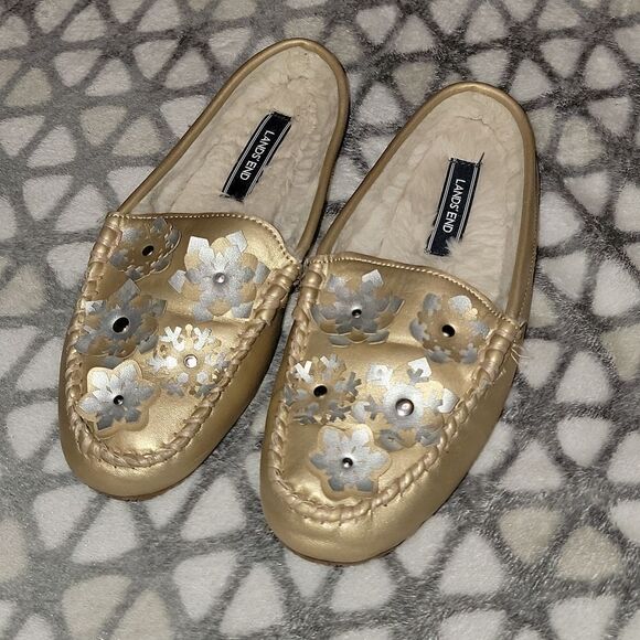 Lands End Faux Fur Lined Loafer Slip On Metallic Snowflake Slipper Shoes Size 7 - Picture 1 of 12